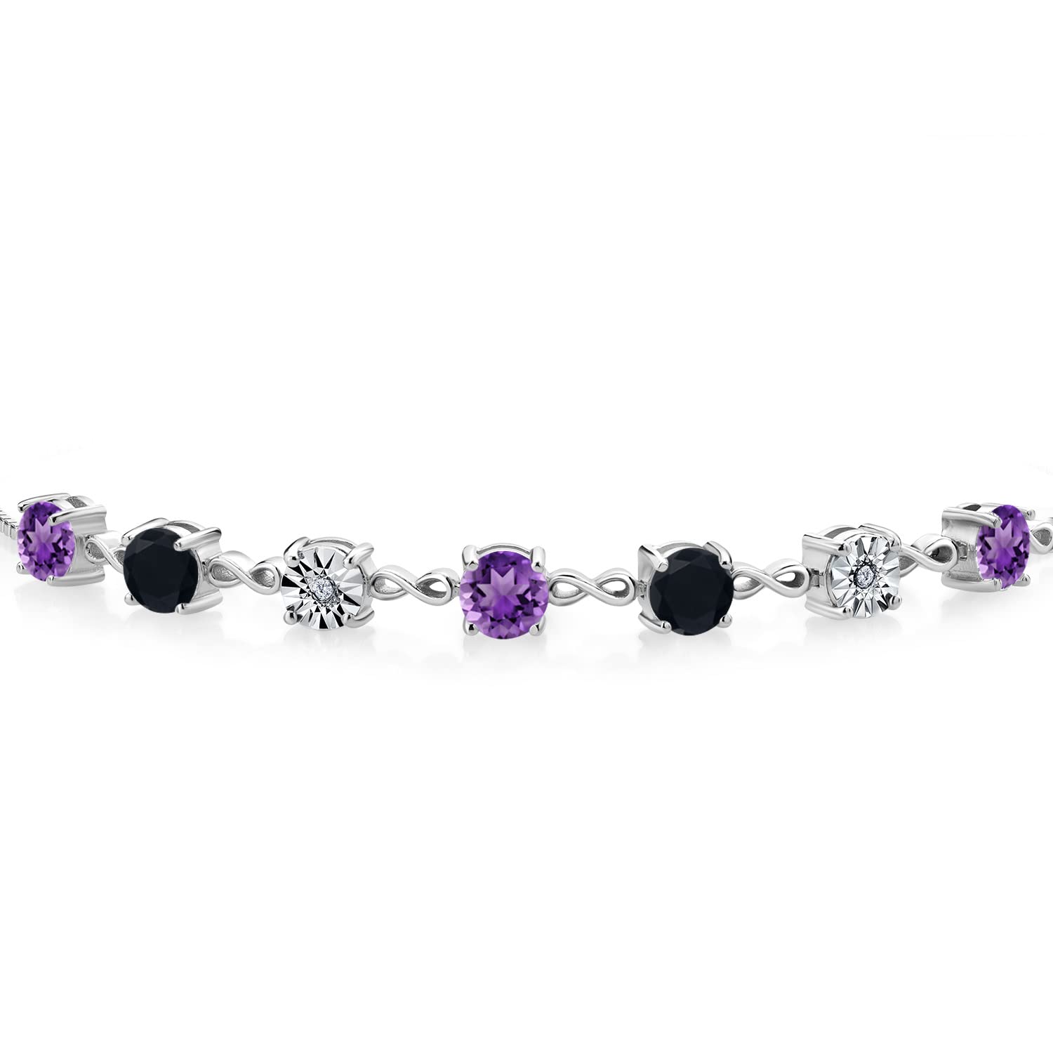 Gem Stone King 925 Sterling Silver Round Purple Amethyst Black Onyx and Lab Grown Diamond Tennis Bracelet For Women (2.39 Cttw, Gemstone Birthstone, Fully Adjustable Up to 9 Inch)