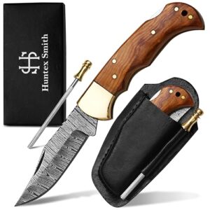 huntex smith pocket knife for men,6.75 inch hunting knife with leather sheath damascus pocket knives best for outdoor & indoor,camping, hiking,survival and skinning(olive-wood)