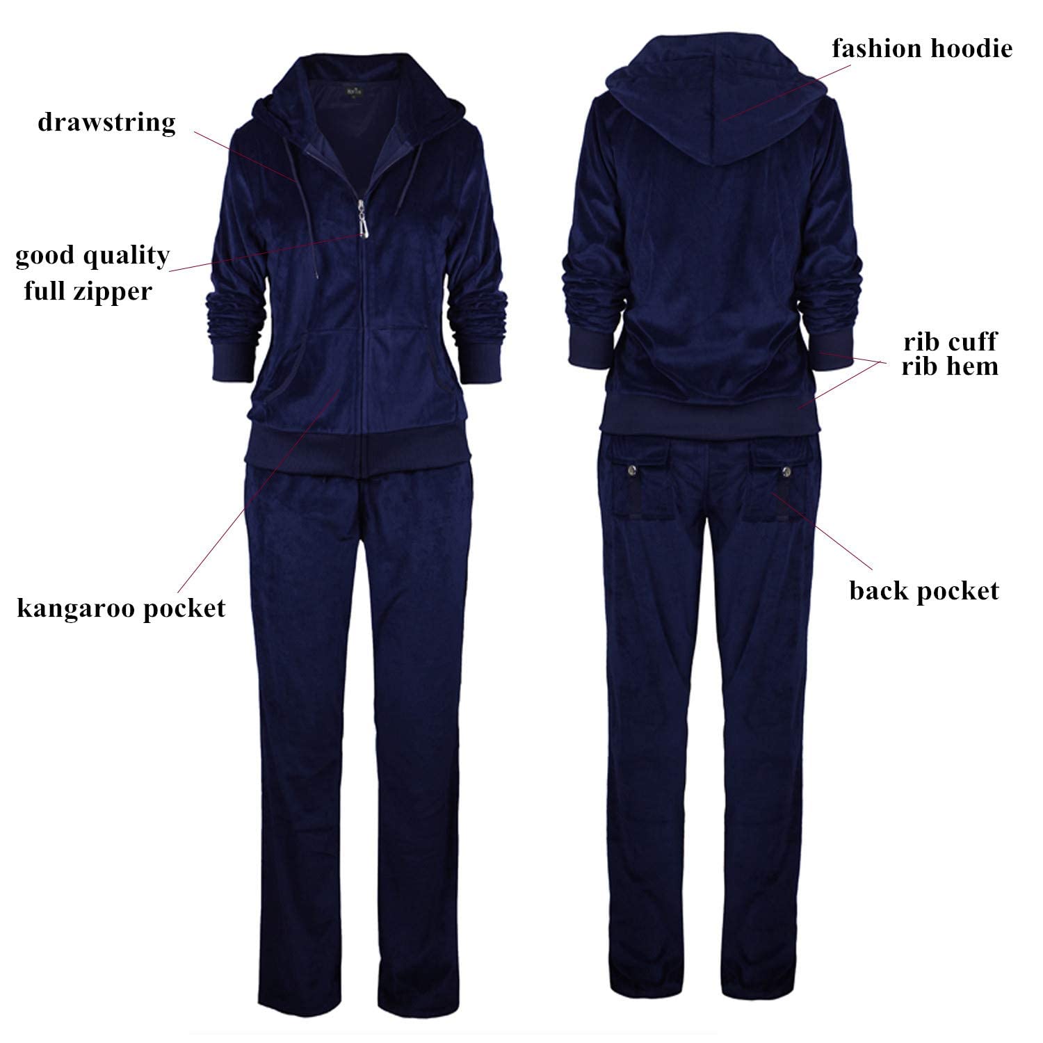 LeeHanTon Womens 2 Piece Outfits Velour Tracksuits Long Sleeve Sweatsuits Sports Jogging Velvet Lounge Set LJS200 Navy L