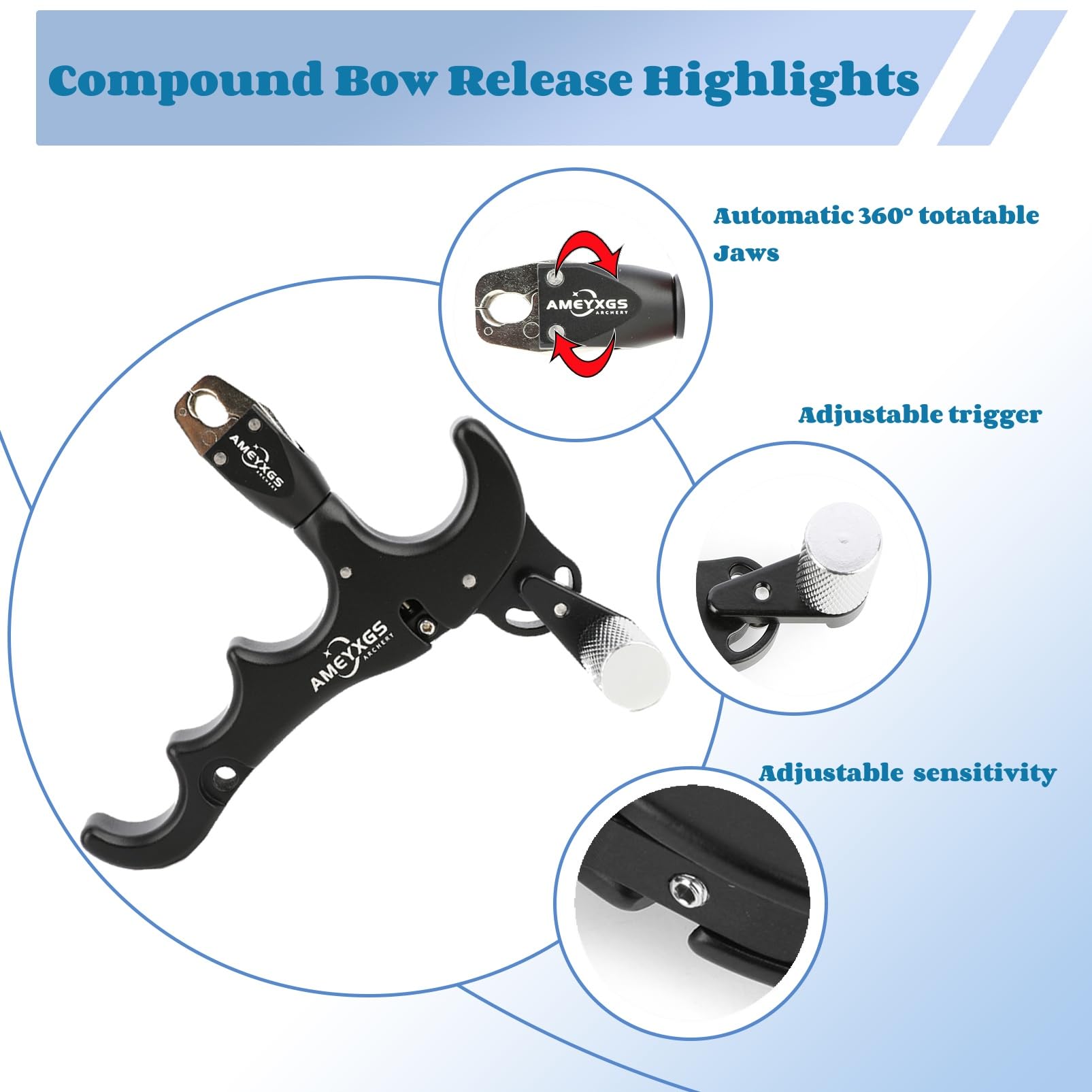 HNZMDY Bow Release for Compound Bow, 360° Rotatable Archery Release Trigger, Compound Bow Release, 4 Finger Thumb Release (Black)