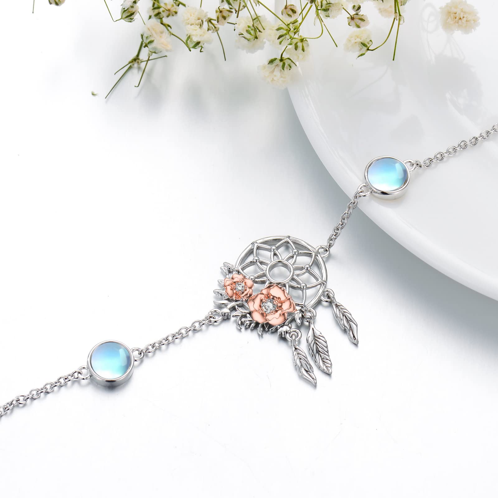 MBSUUH Dream Catcher Bracelet 925 Sterling Silver Synthetic Moonstone Rose Flower Dreamcatcher Jewelry Birthday Gifts for Women Wife Mom