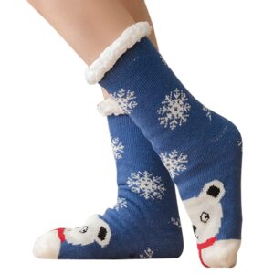 doovid women's fuzzy slipper socks with grippers fluffy christmas winter non slip warm fleece socks blue scarf bear