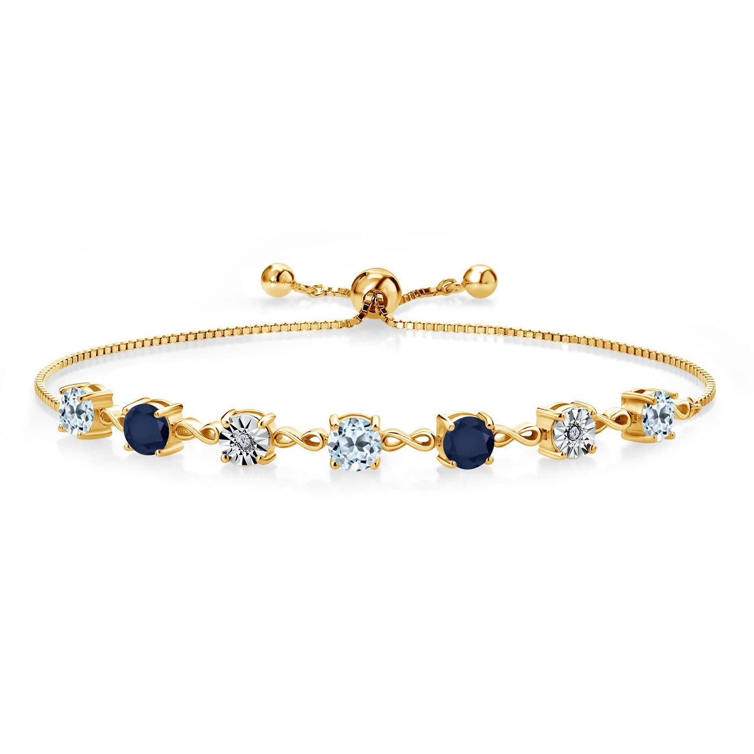 Gem Stone King 3.31 Ct Round Sky Blue Topaz Blue Sapphire 18K Yellow Gold Plated Silver Lab Grown Diamond Tennis Bracelet For Women (Fully Adjustable Up to 9 Inch)