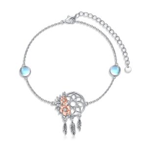 MBSUUH Dream Catcher Bracelet 925 Sterling Silver Synthetic Moonstone Rose Flower Dreamcatcher Jewelry Birthday Gifts for Women Wife Mom