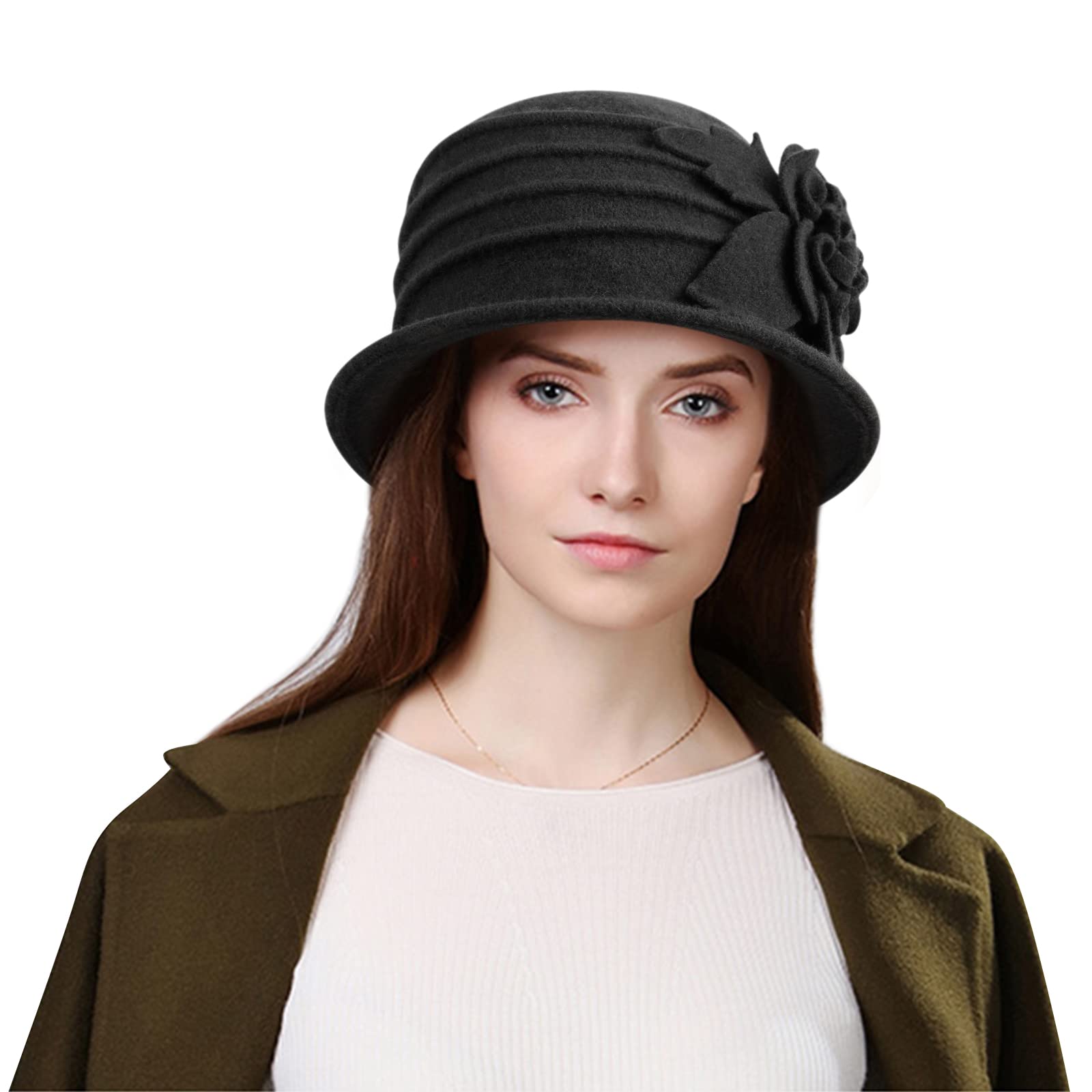 Sumolux Women Beret Hat French Vintage Floral Wool Dress Cloche Classic Winter Hat 1920s A Black