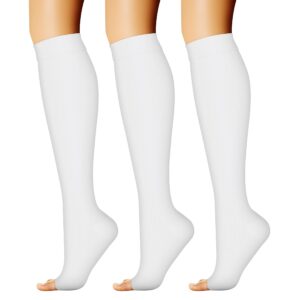 charmking 3 pairs open toe compression socks for women & men circulation 15-20 mmhg is best for all day wear running nurse (05 white/white/white, l/xl)