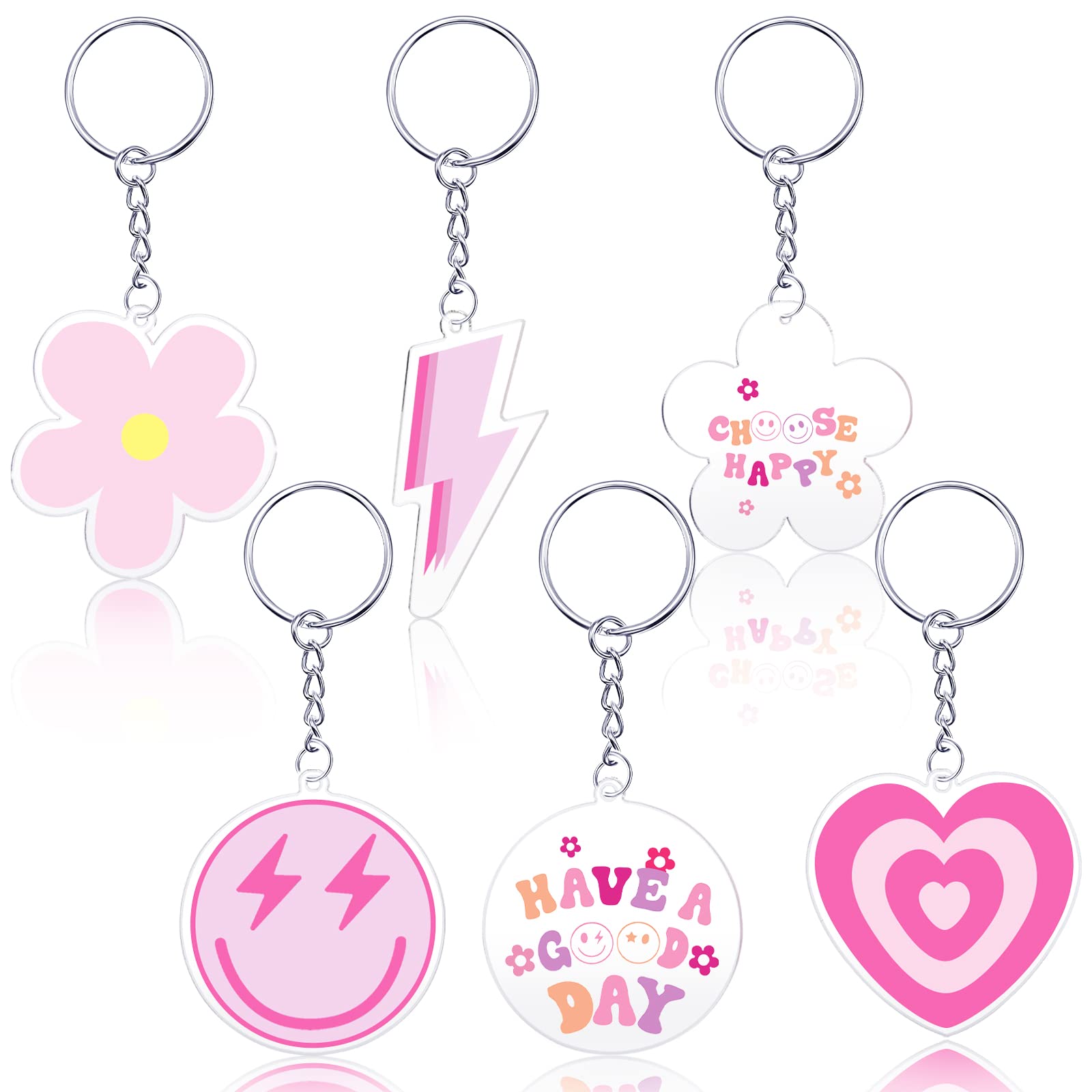 Otuuz 6 Pcs Preppy Smile Key Chain Acrylic Smile Face Keychain Happy Face Aesthetic Preppy Keychain for Backpack Cute Women's Keyrings and Keychains for Girls Purse Pink Accessories Charm, 6 Designs