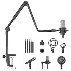 microphone stand, 37" adjustable gooseneck mic boom arm with 5/8" & 1/4" adapter, shock mount, mic clip holder, desk mount suspension boom for blue yeti nano, snowball ice, recording and gaming