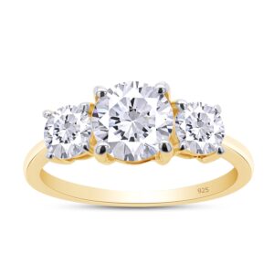 SAVEARTH DIAMONDS 1.6 Carats Round Lab Created Moissanite Diamond Three Stone Promise Ring for Women 18K Yellow Gold Plated 925 Sterling Silver with Certificate of Authenticity Size-8