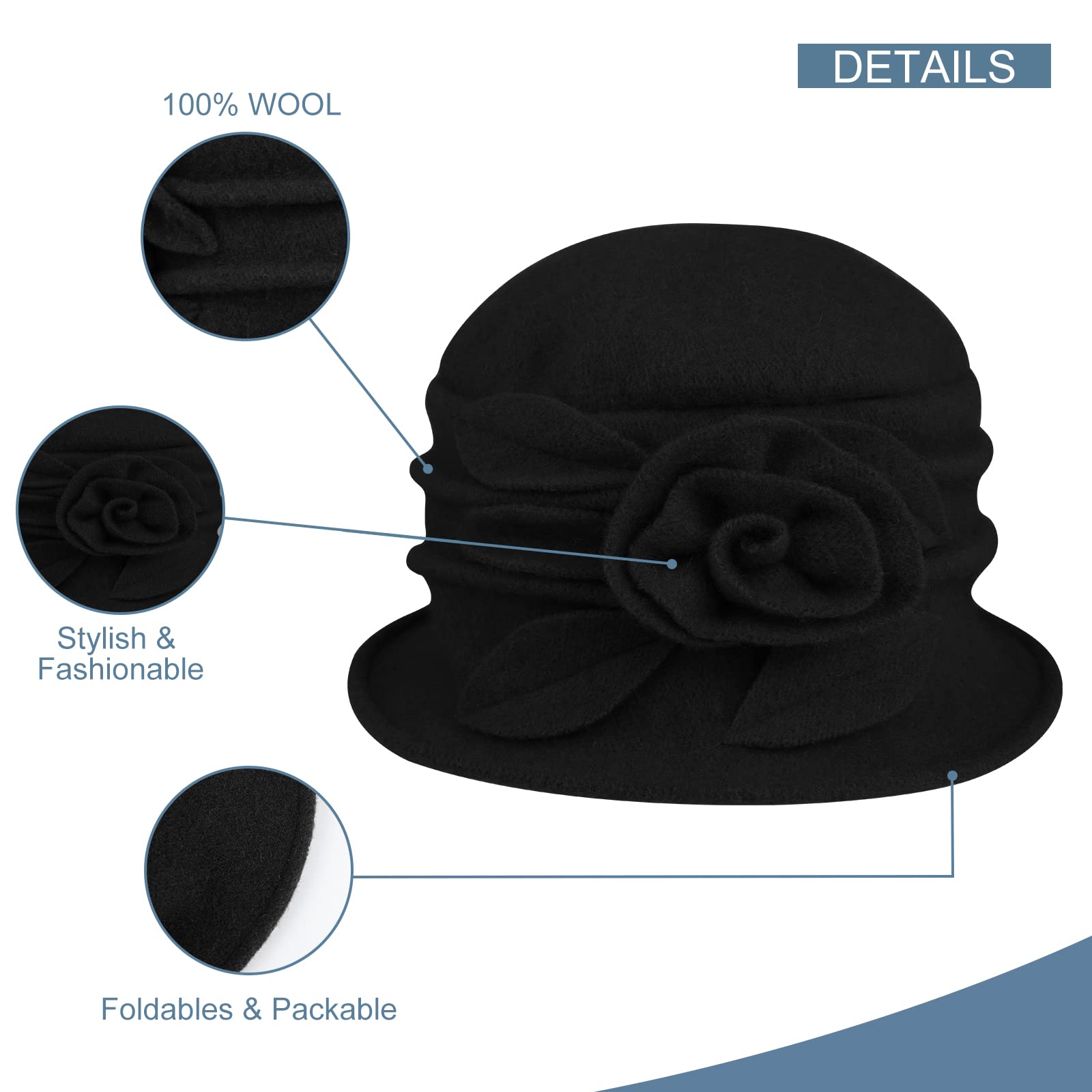 Sumolux Women Beret Hat French Vintage Floral Wool Dress Cloche Classic Winter Hat 1920s B Black