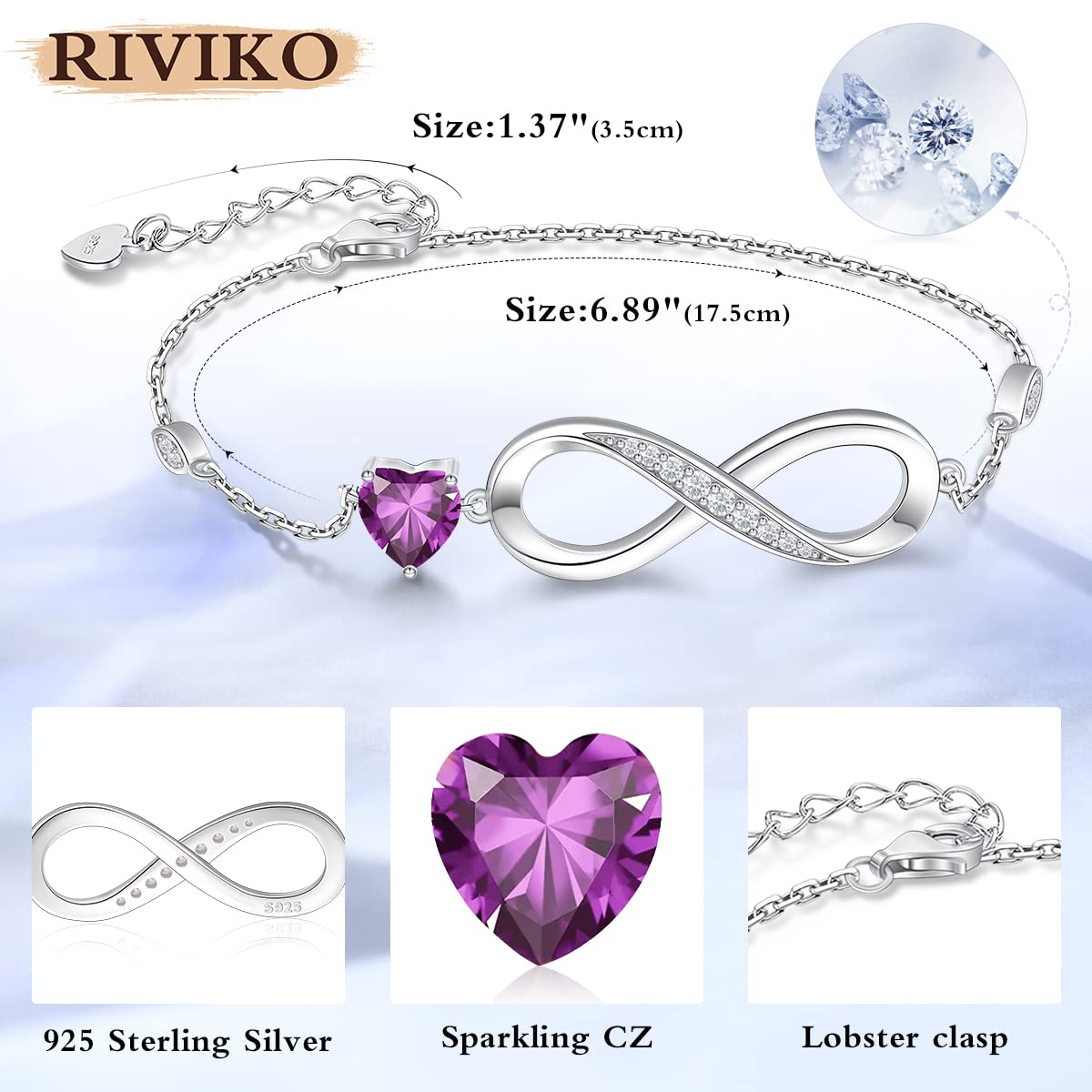 RIVIKO Infinity Love Heart Symbol Charm Bracelet for Women 925 Sterling Silver Adjustable Birthday Valentine’s Day Christmas Jewelry Gift for Mom Women Wife Her Friends