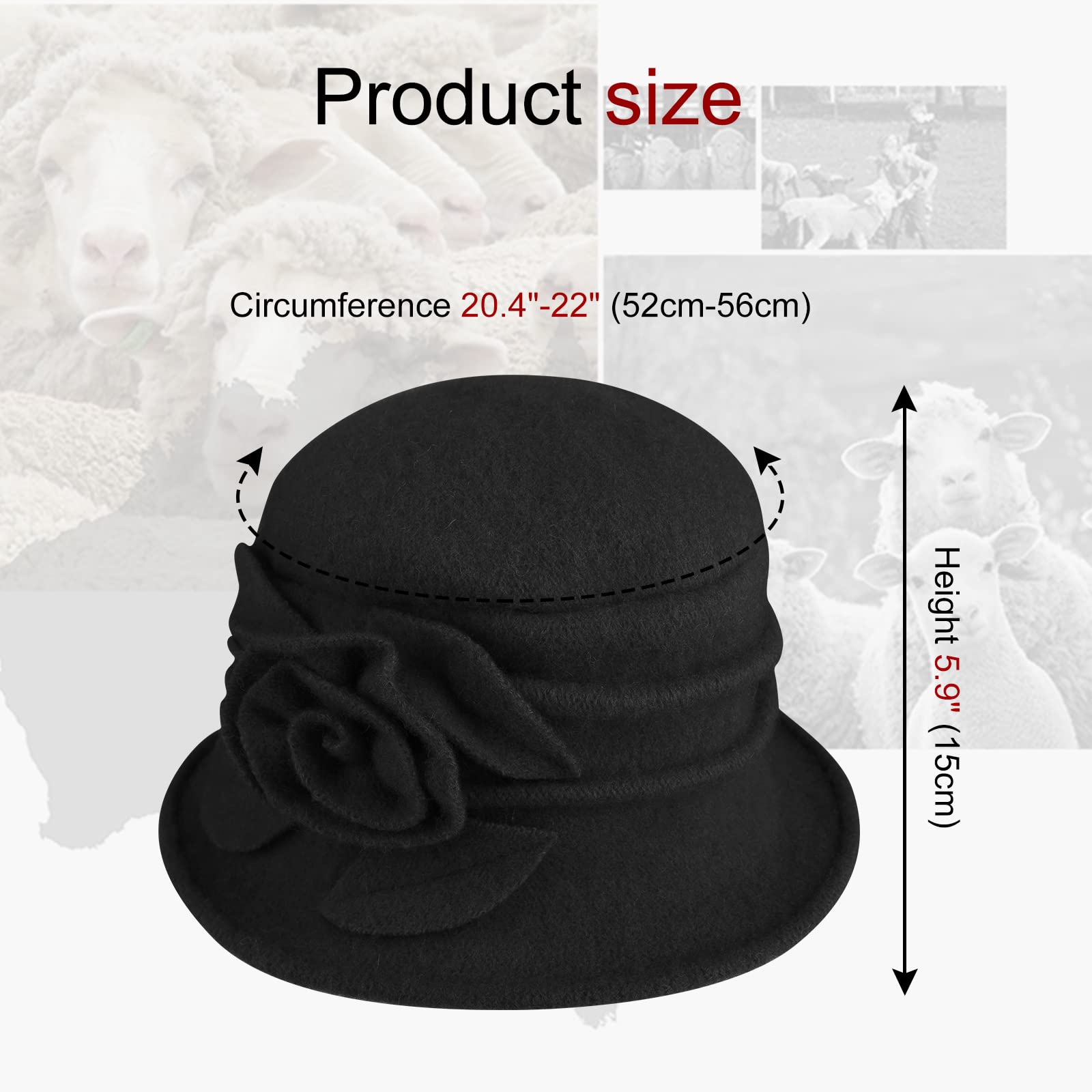 Sumolux Women Beret Hat French Vintage Floral Wool Dress Cloche Classic Winter Hat 1920s B Black