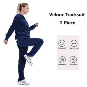 LeeHanTon Womens 2 Piece Outfits Velour Tracksuits Long Sleeve Sweatsuits Sports Jogging Velvet Lounge Set LJS200 Navy L