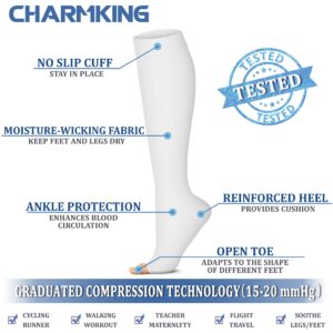 CHARMKING 3 Pairs Open Toe Compression Socks for Women & Men Circulation 15-20 mmHg is Best for All Day Wear Running Nurse (05 White/White/White, L/XL)