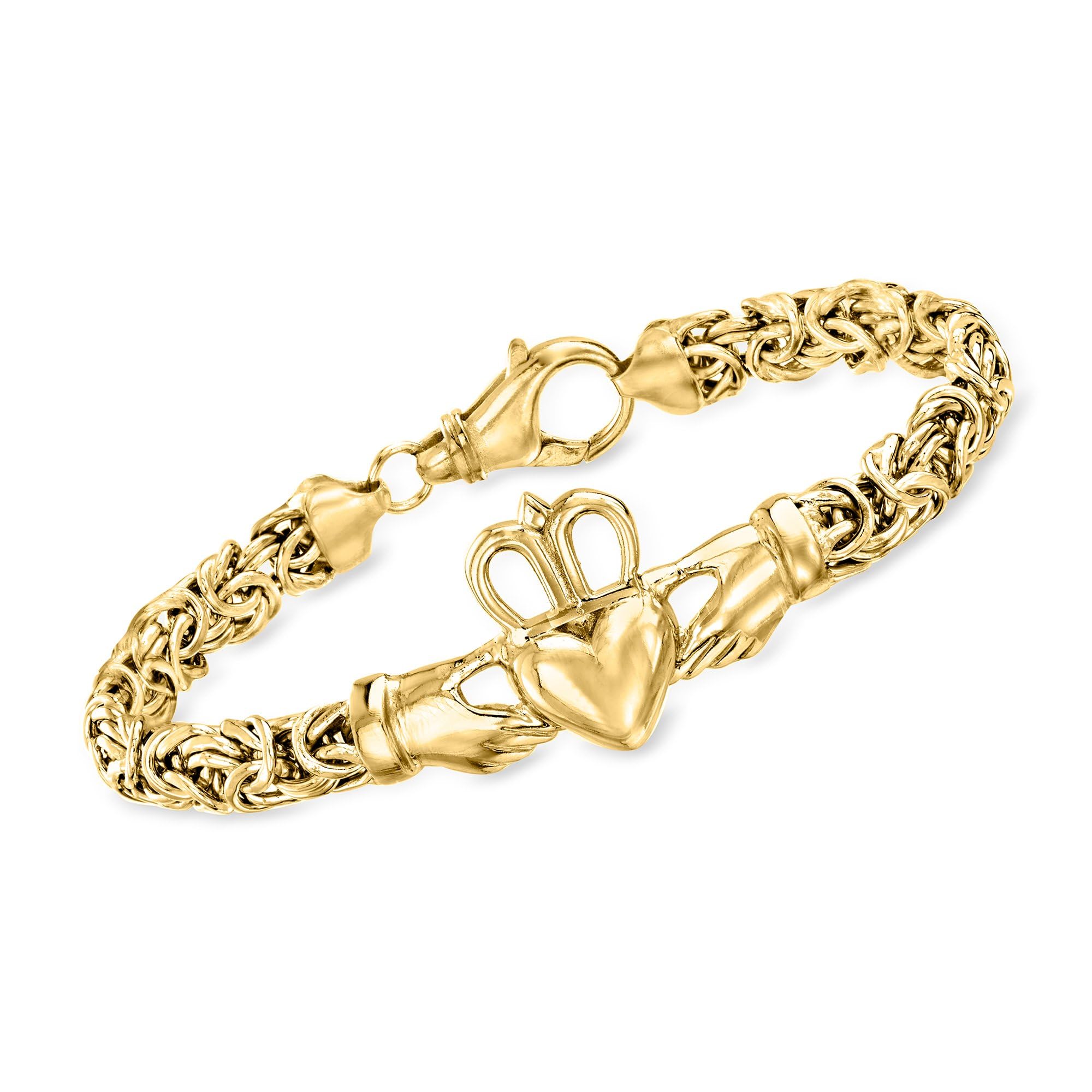 Ross-Simons 18kt Gold Over Sterling Claddagh Byzantine Bracelet. 7 inches