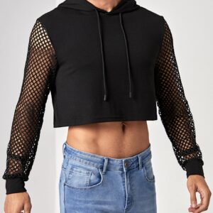 WDIRARA Men's Fishnet Mesh Long Sleeve Drawstring Crop Hoodie Sweatshirt Pullover Black M