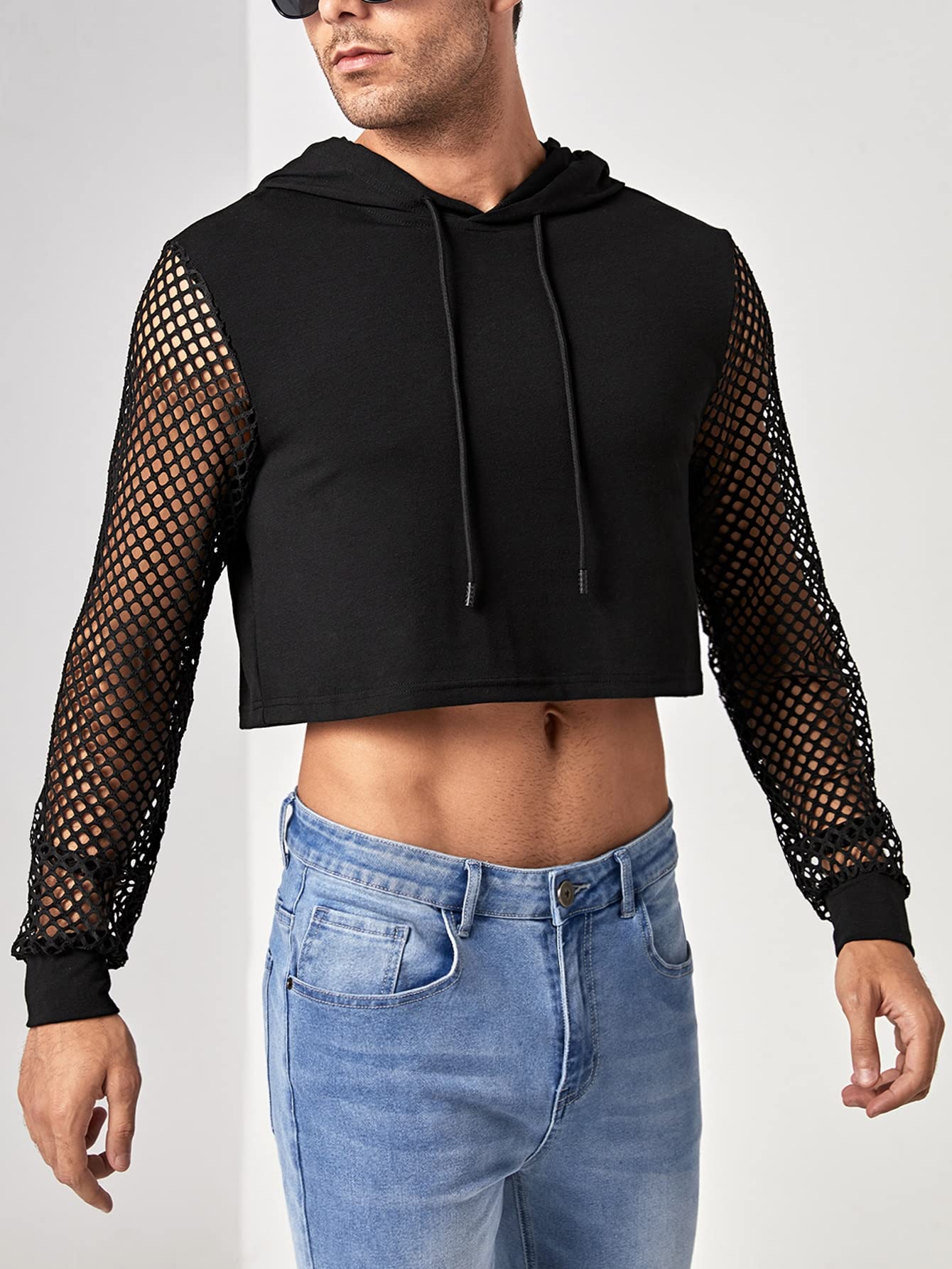 WDIRARA Men's Fishnet Mesh Long Sleeve Drawstring Crop Hoodie Sweatshirt Pullover Black M