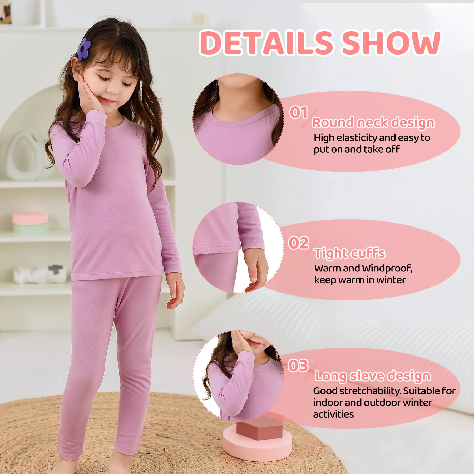 Zando Girls Thermal Underwear Set Toddler Fleece Base Layer Kids Long Johns Thermal Set Girls Ultra Soft Kids Thermal Set Girls Underwear Light Pink Medium (90)/2T