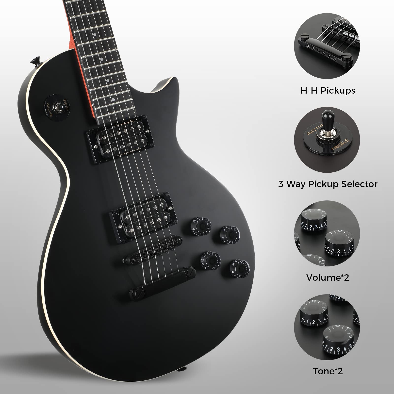 Asmuse LP Electric Guitar Kit 39 Inch, Solid Body Les Paul Electric Guitar Set for Adults Beginner with 2 Volume/2 Tone Controls, 3-Way Pickup, Black