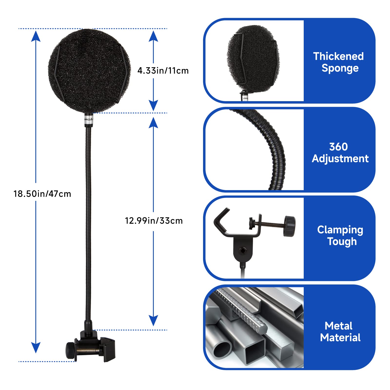 Microphone Pop Filter for Blue Yeti,Blue Snowball,Hyperx Quadcast, Shure and Other Mic,Professional Windscreen Mic Cover,Acoustic Mic Filter with Upgraded Thick Sponge,Enhanced Flexible 360° Gooseneck