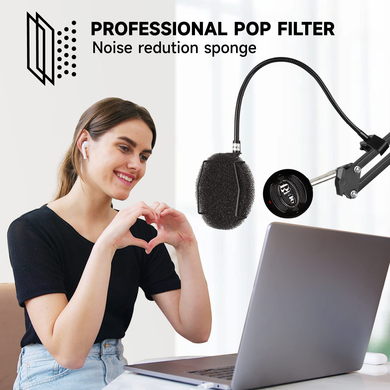 Microphone Pop Filter for Blue Yeti,Blue Snowball,Hyperx Quadcast, Shure and Other Mic,Professional Windscreen Mic Cover,Acoustic Mic Filter with Upgraded Thick Sponge,Enhanced Flexible 360° Gooseneck