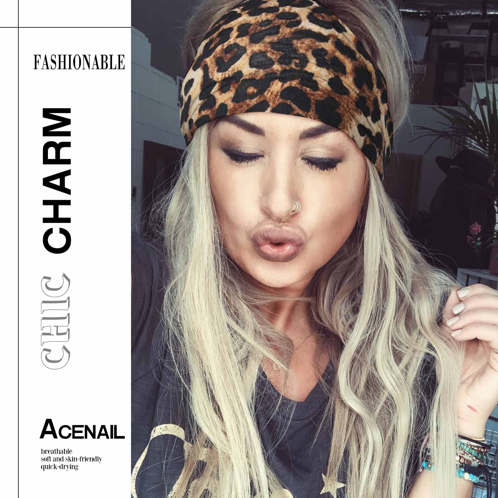 Acenail Wide Headbands Women Non Slip Knotted Turban Headband Boho Elastic Leopard Hairbands Workout Running Yoga Hair Scarfs Bohemian Head Wraps Fashion Hair Accessories for Women 4Pcs (#1 Casual)