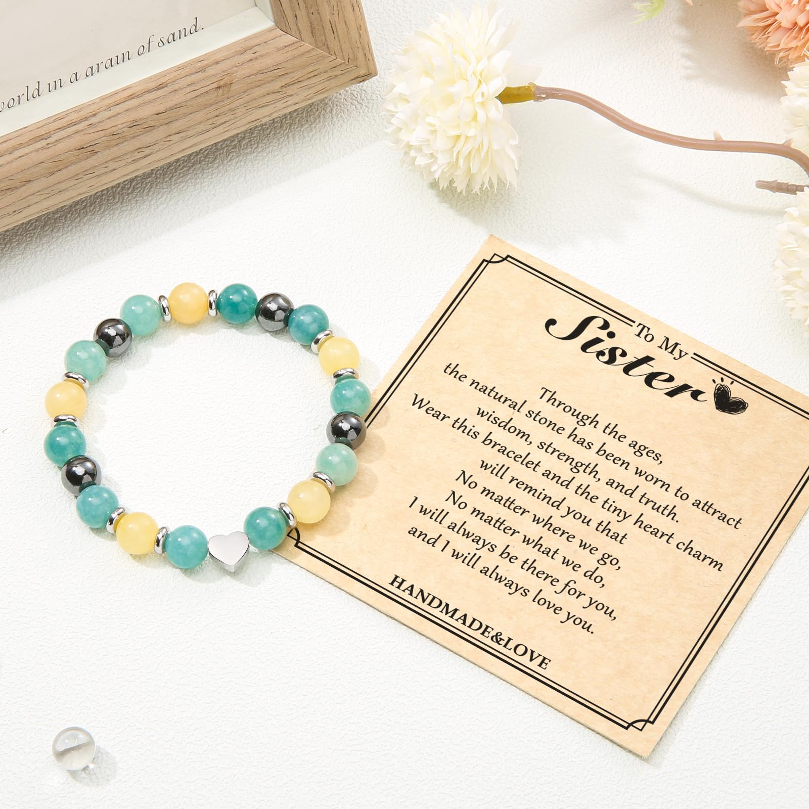 Jewelry&Card Christmas Gifts for Sister, Natural Stone Sister Bracelet, Sister Birthday Gifts for Sister Bestie Best Friend