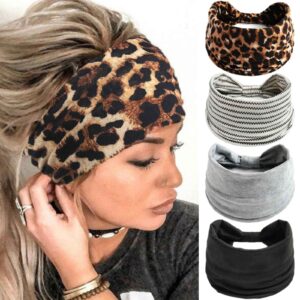 Acenail Wide Headbands Women Non Slip Knotted Turban Headband Boho Elastic Leopard Hairbands Workout Running Yoga Hair Scarfs Bohemian Head Wraps Fashion Hair Accessories for Women 4Pcs (#1 Casual)