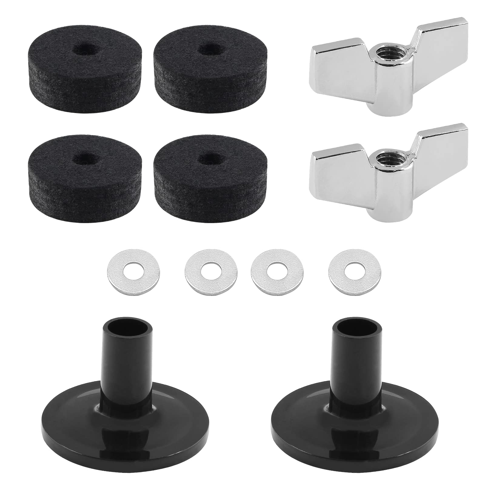 Biaungdo 12 Pcs Cymbal Replacement Accessories, Cymbal Felts Hi-hat Felt Cymbal Cup Cymbal Stand Sleeve with Cymbal Washer and Base, Wing Nuts Peplacement for Drum(Black)