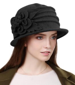 sumolux women beret hat french vintage floral wool dress cloche classic winter hat 1920s a black