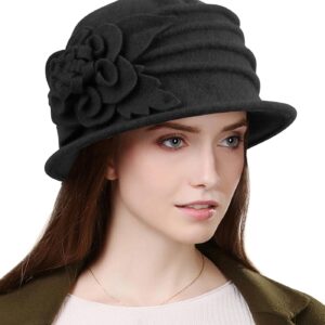 Sumolux Women Beret Hat French Vintage Floral Wool Dress Cloche Classic Winter Hat 1920s A Black