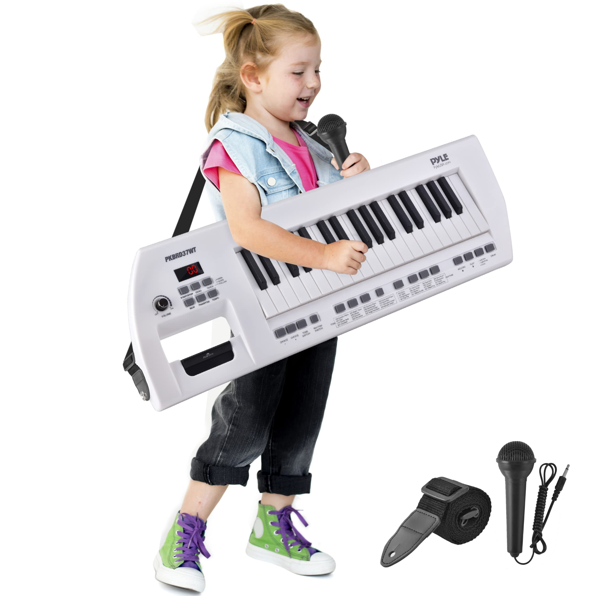 Pyle, Portable Digital Electronic Piano 37 Keys with Microphone & Carry Strap, Built-in Sustain Controller, Rechargeable Battery-Karaoke Keyboard Compact Musical Keytar White-PKBRD37WT.5