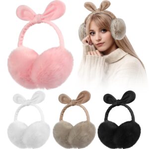 jagely 4 pieces winter ear muffs cute bow faux fur ear warmers ski adjustable ear covers outdoor faux fur ear warmers for women girls