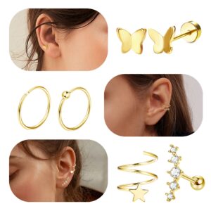 FIBO STEEL Cartilage Earrings Stud Flat Back Earrings Surgical Steel Stud Hoop Earrings Cartilage Helix Tragus Piercing Jewelry Gold