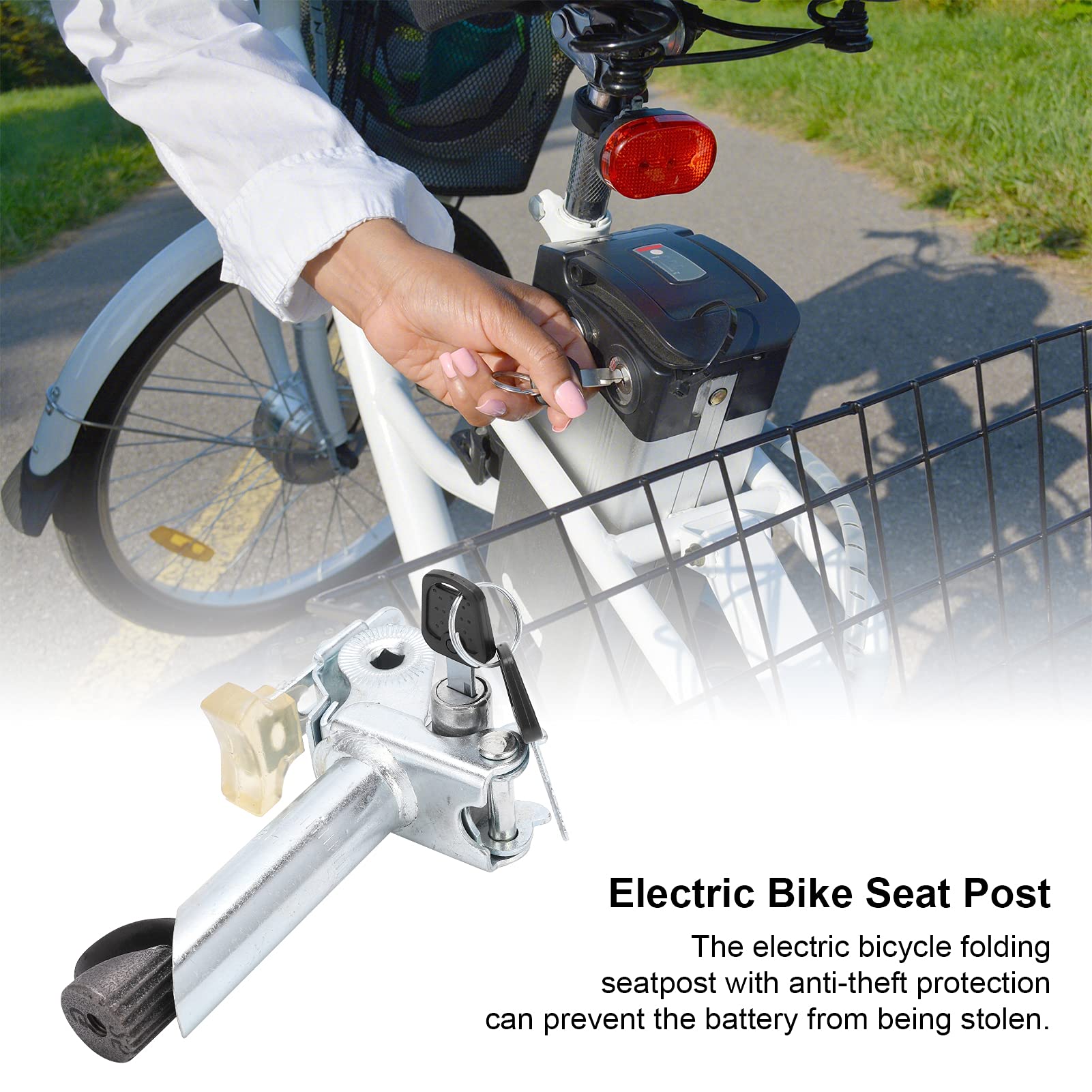 Electric Bike Seat Post, Electric Bike Metal Seatpost Foldable with Anti‑Theft Key Internal Lock Bike Accessory