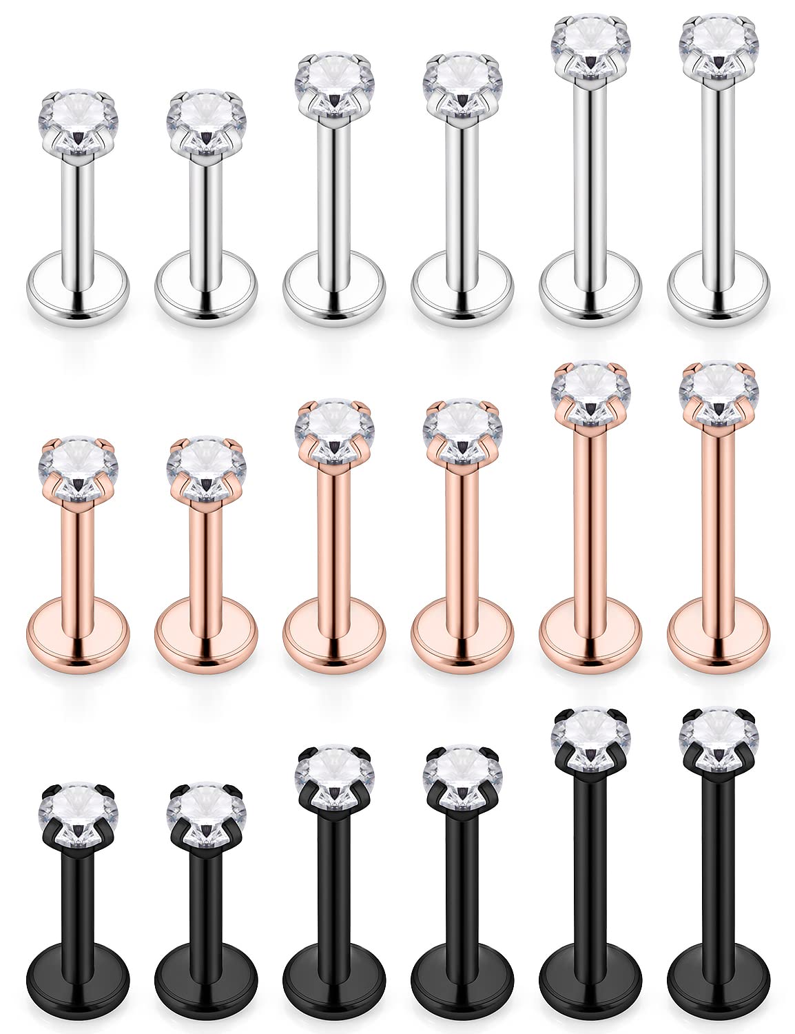 Ftovosyo Medusa Piercing Jewelry 18PCS Labret Jewelry Monroe Lip Rings Surgical Steel Cartilage Earring Tragus Studs Helix Piercing Jewelry for Women Men Silver-tone Black Rose Gold