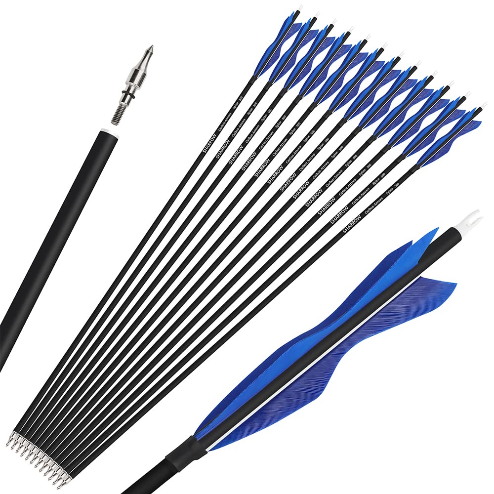 ZSHJGJR 28"/30"/31" Carbon Hunting Arrows Archery Target Practice Arrows with 5" Turkey Feathers Spine 500 for Recurve Bow and Compound Bow 6/12pcs (28 inch, blue, 12)