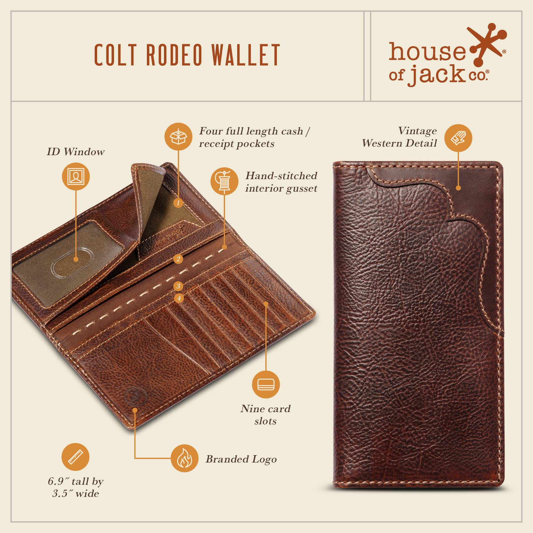 House of Jack Co. COLT Long Bifold Wallet | Rodeo Wallet | Full Grain Cowhide Leather | Long Bifold Men's Wallet | Western Wallet