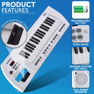 Pyle, Portable Digital Electronic Piano 37 Keys with Microphone & Carry Strap, Built-in Sustain Controller, Rechargeable Battery-Karaoke Keyboard Compact Musical Keytar White-PKBRD37WT.5