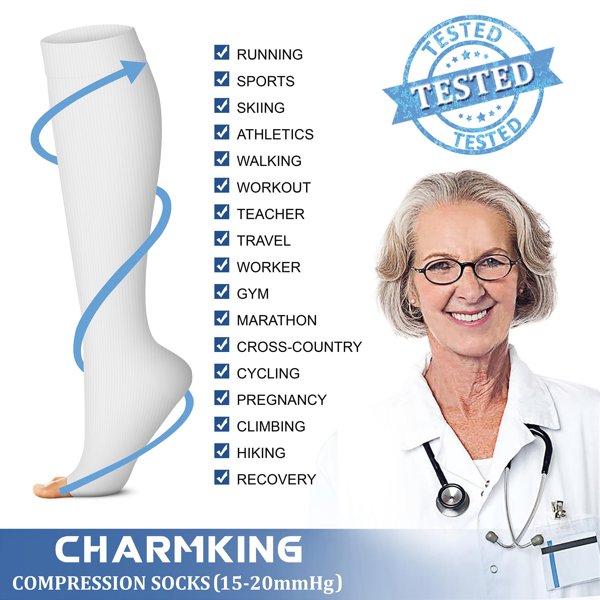 CHARMKING 3 Pairs Open Toe Compression Socks for Women & Men Circulation 15-20 mmHg is Best for All Day Wear Running Nurse (05 White/White/White, L/XL)