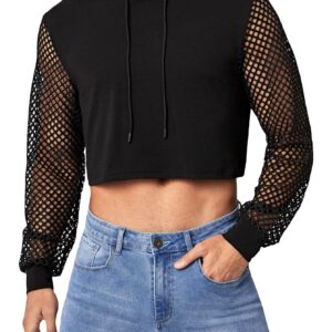 WDIRARA Men's Fishnet Mesh Long Sleeve Drawstring Crop Hoodie Sweatshirt Pullover Black M