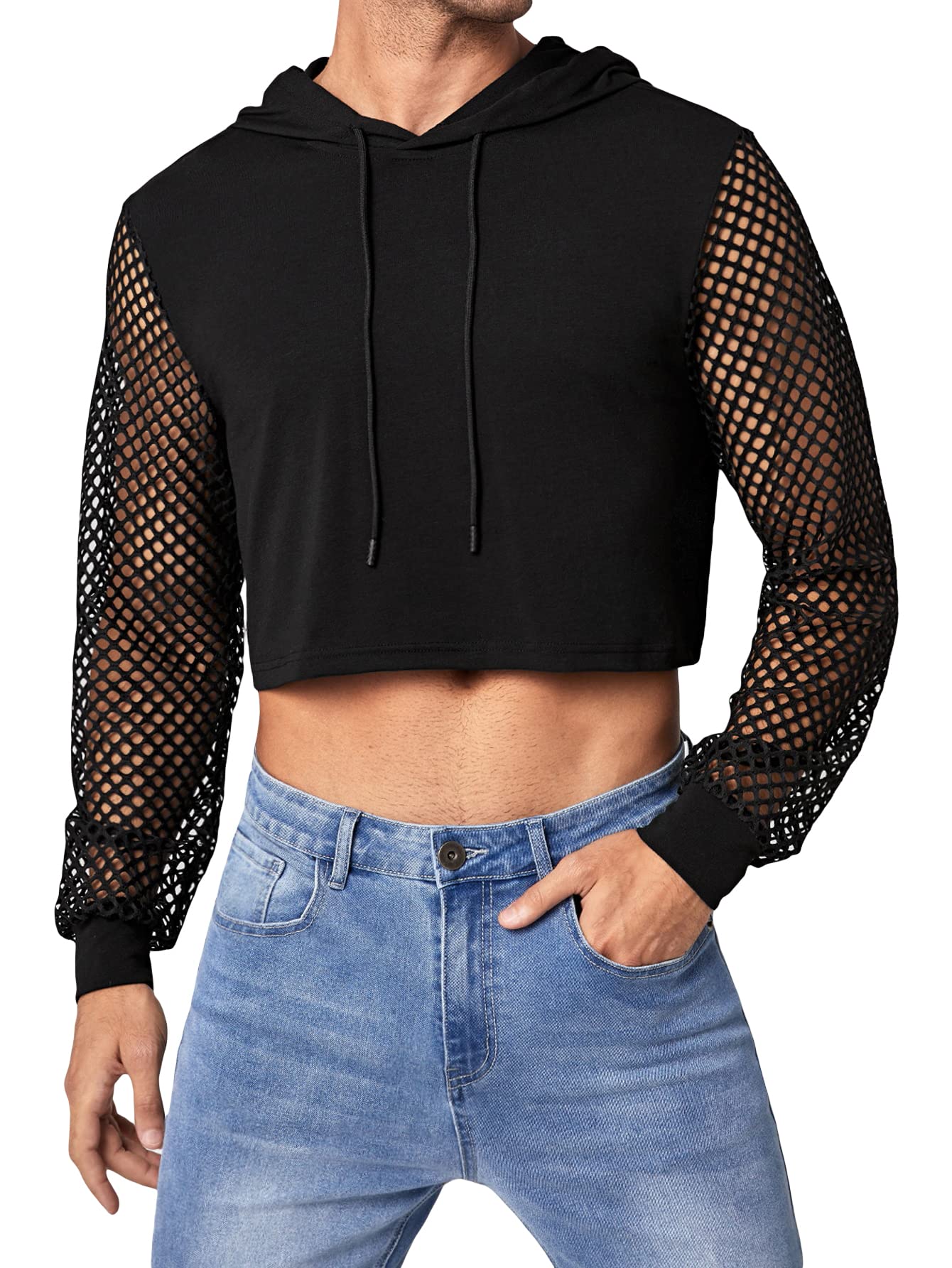 WDIRARA Men's Fishnet Mesh Long Sleeve Drawstring Crop Hoodie Sweatshirt Pullover Black M