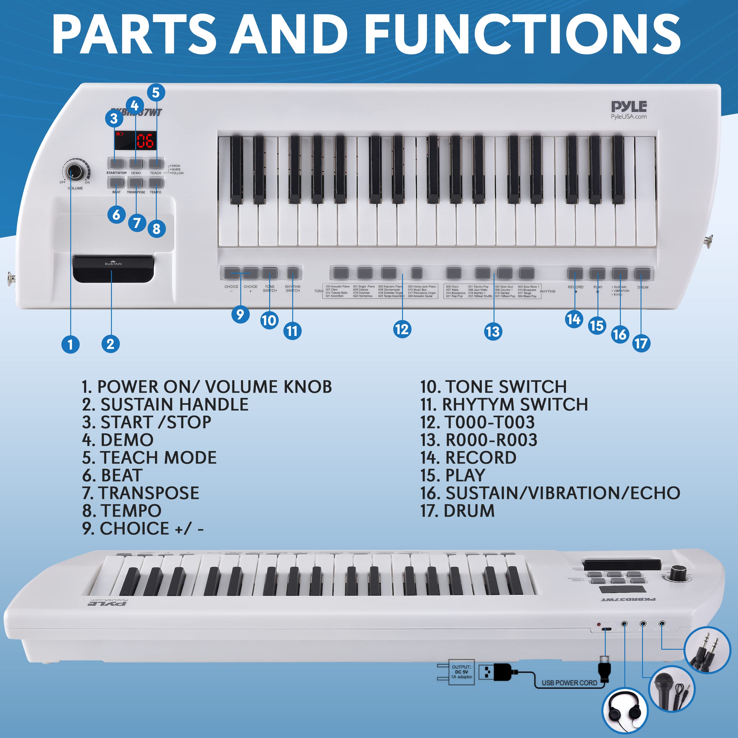 Pyle, Portable Digital Electronic Piano 37 Keys with Microphone & Carry Strap, Built-in Sustain Controller, Rechargeable Battery-Karaoke Keyboard Compact Musical Keytar White-PKBRD37WT.5