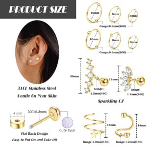 FIBO STEEL Cartilage Earrings Stud Flat Back Earrings Surgical Steel Stud Hoop Earrings Cartilage Helix Tragus Piercing Jewelry Gold