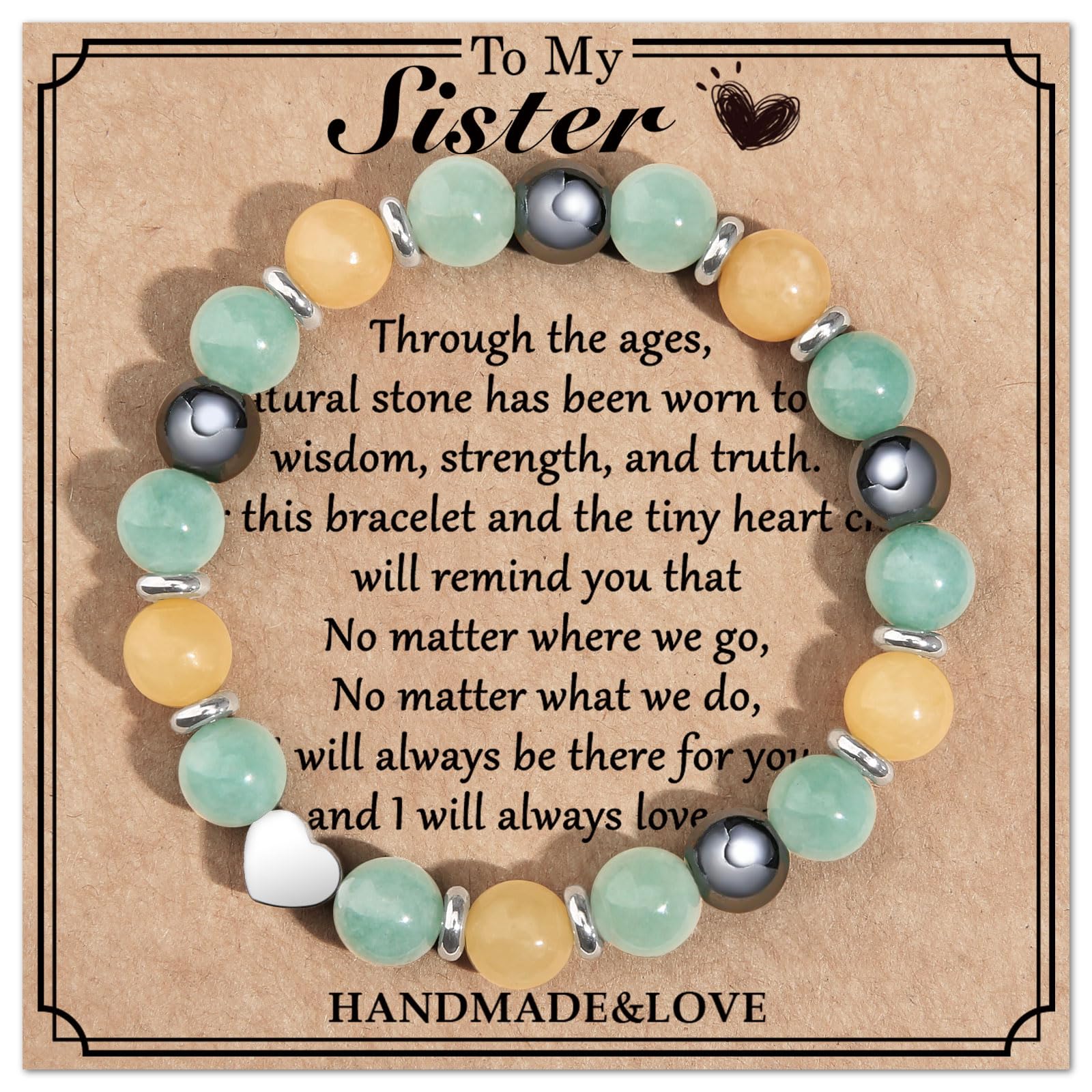 Jewelry&Card Christmas Gifts for Sister, Natural Stone Sister Bracelet, Sister Birthday Gifts for Sister Bestie Best Friend