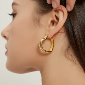 Gold Heart Earrings for Women Trendy Chunky Gold Hoop Earrings Hypoallergenic Earrings Thick Heart Hoop Earring Lover Valentines Day Great Mother Gifts