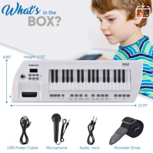 Pyle, Portable Digital Electronic Piano 37 Keys with Microphone & Carry Strap, Built-in Sustain Controller, Rechargeable Battery-Karaoke Keyboard Compact Musical Keytar White-PKBRD37WT.5