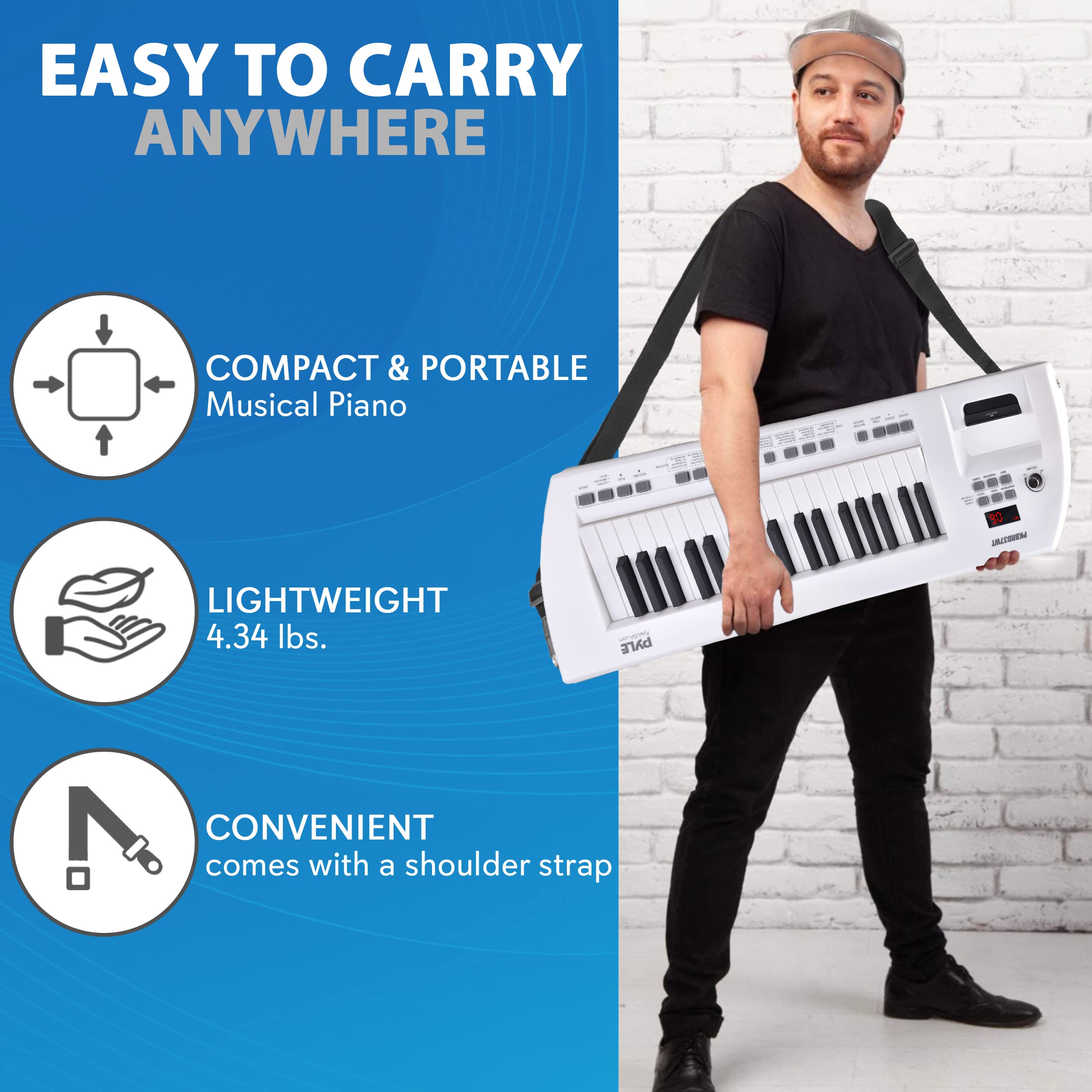 Pyle, Portable Digital Electronic Piano 37 Keys with Microphone & Carry Strap, Built-in Sustain Controller, Rechargeable Battery-Karaoke Keyboard Compact Musical Keytar White-PKBRD37WT.5