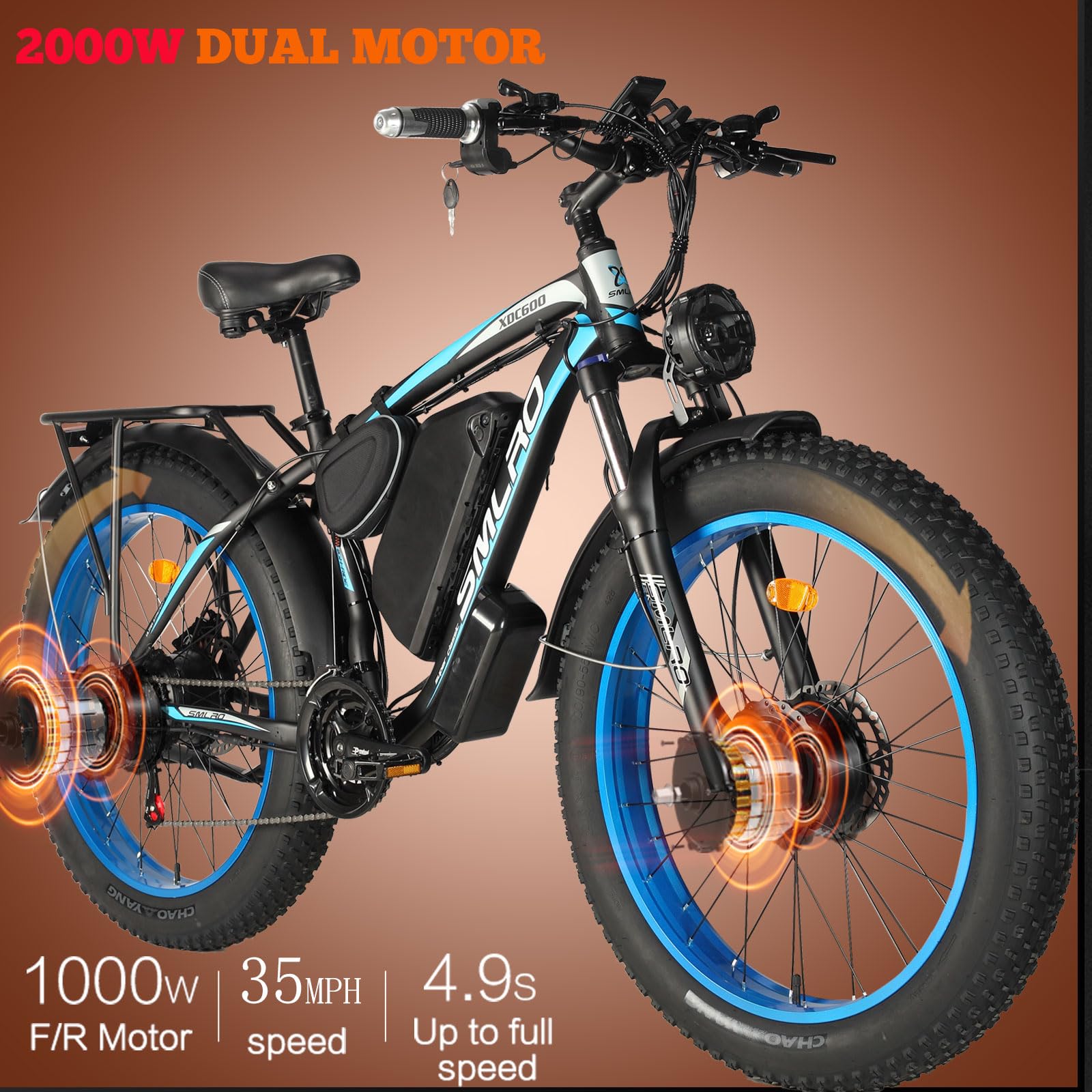 Tiemahun (US Stock) SMLRO XDC600 Plus Dual Motor AWD 22.4AH 2000W 26" Fat Tire Electric Bike 35MPH, 21 Speed Mountain Ebike Suspension with Lock Hydraulic Disc Brakes, Ebikes for Adults (White & Red)