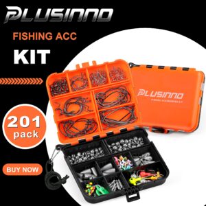 PLUSINNO 201pcs Fishing Accessories Kit, Fishing Tackle Box with Tackle Included, Fishing Hooks, Fishing Weights, Round Split Shot，Fishing Gear for Bass, Trout, Catfish